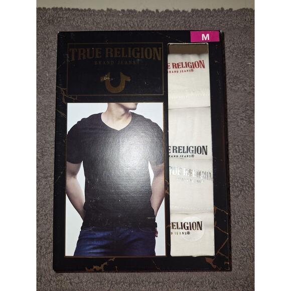 True Religion Vneck‎ Tshirts 4 Pack Mens Medium White Logo - Picture 1 of 5